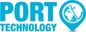 Blue "PORT TECHNOLOGY" text with a map pin icon containing an anchor overlaying a globe, symbolizing maritime or port-related technology.