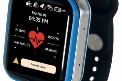 A smartwatch with a black strap displays health metrics on its screen, including heart rate, SpO2, skin temperature, and respiratory rate, along with a heart graphic and proximity alert notification.