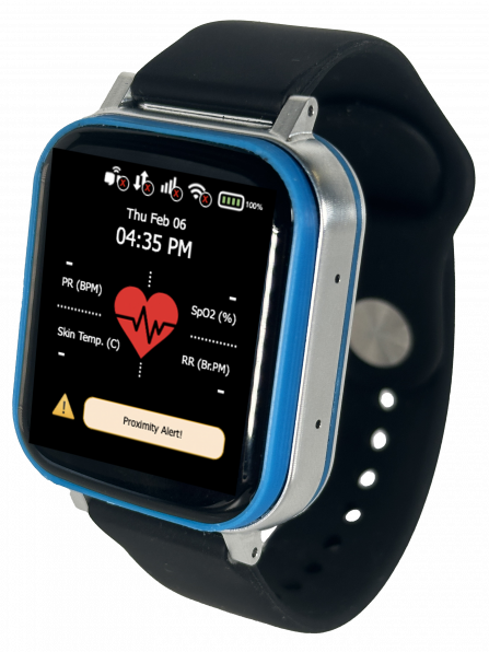 A smartwatch with a black strap displays health metrics on its screen, including heart rate, SpO2, skin temperature, and respiratory rate, along with a heart graphic and proximity alert notification.