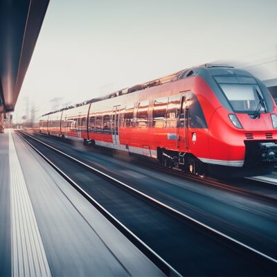 A sleek red passenger train speeds along modern tracks at a station, creating a motion blur effect. The platform is empty, and the scene is set during daylight with a slightly cloudy sky.