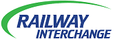Logo for Railway Interchange featuring bold blue text with a green swoosh curving over the top.