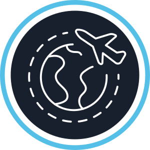A simple icon of an airplane flying around a globe, depicted with white outlines on a dark circular background bordered by light blue and white rings.