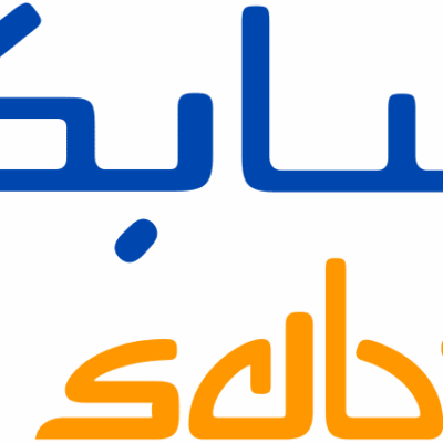 The image shows the SABIC logo with the name written in blue Arabic script above and in orange lowercase English letters below.