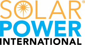 Solar Power International logo with "SOLAR" in orange, featuring a sunburst inside the letter "O," and "POWER INTERNATIONAL" in bold blue letters below.