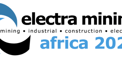Logo for Electra Mining Africa 2022 with blue and black circular design and text listing mining, industrial, construction, and electrical industries. "Africa 2022" is highlighted in blue.