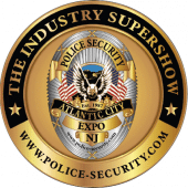 Gold and black circular logo for "The Industry Supershow," featuring an eagle, American flags, and a badge reading "Police Security Expo Atlantic City, NJ." Website police-security.com appears at the bottom.