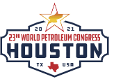 Logo for the 23rd World Petroleum Congress in Houston, Texas, USA, 2021, featuring a star above the event name and a red map of Texas below.