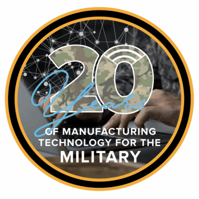 A circular badge reads "20 Years of Manufacturing Technology for the Military" with the number 20 in camouflage and a background of two hands working with machinery and connected network lines.