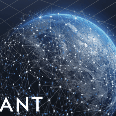 A digital rendering of Earth with interconnected glowing nodes and lines symbolizing a global network, overlaid with a grid pattern. The word "RAJANT" with a wireless signal icon appears in the lower left corner.