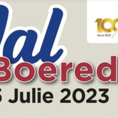 Event banner with “Val Boeredag 5 Julie 2023” in bold letters, and the AFGRI logo with “100” and “Since 1923” in the top right corner.