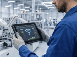 A person in a blue uniform and gloves holds a tablet displaying wireless connectivity and data graphs inside a modern, bright industrial facility with robotic machinery in the background.