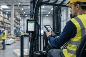 A warehouse worker wearing a yellow helmet and safety vest operates a forklift while using a handheld device. Shelves filled with boxes and other workers are visible in the background.