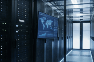 A modern server room with rows of black server racks and a large digital screen displaying world maps, graphs, and data analytics, illuminated by blue lighting.