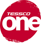 Red circular logo with the word "one" in large white letters and "TESSCO" in smaller white letters above it. The circle has a rough, painted brushstroke edge.