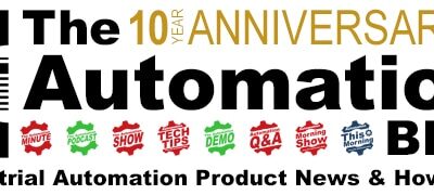 Logo for "The Automation Blog" featuring a gear icon, text marking its 10-year anniversary (2013–2023), and badges for various content types like news, podcasts, demo, and Q&A. Tagline: Industrial Automation Product News & How-To’s.