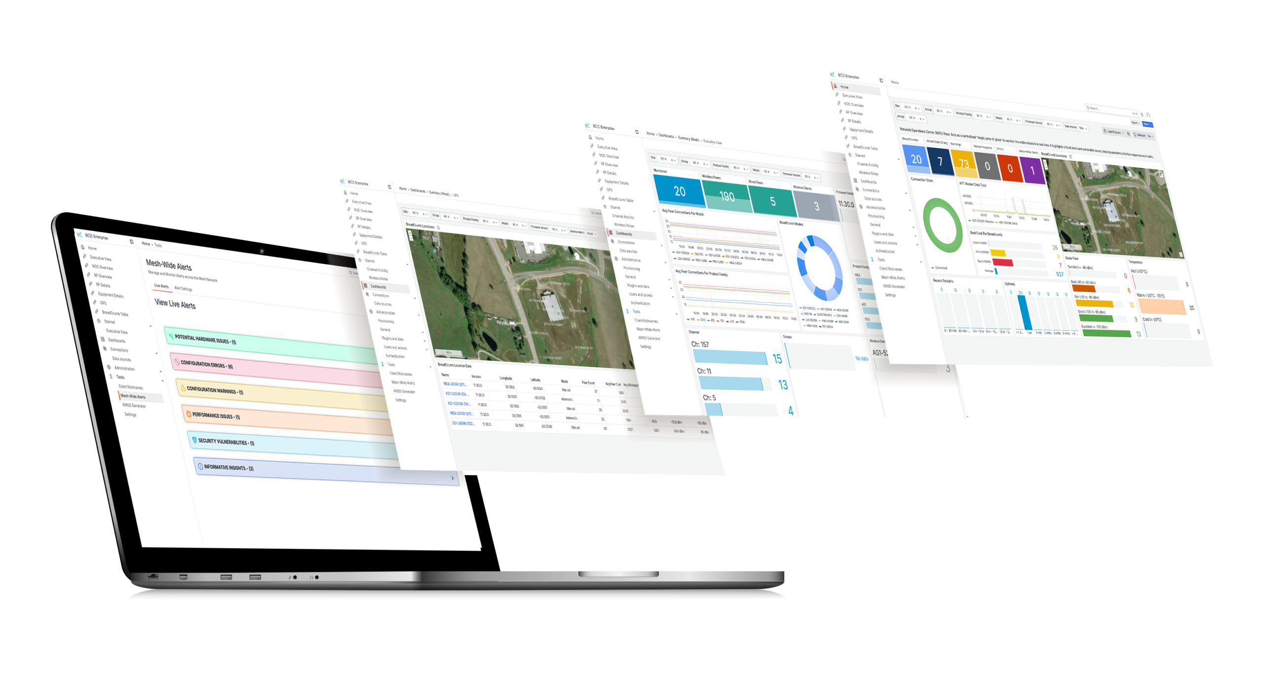 A tilted laptop shows floating digital screens displaying dashboards, charts, maps, and data tables, suggesting data analysis or management software in use. The background is plain white.