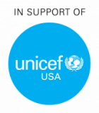 A blue circle with the text "unicef USA" and the UNICEF logo inside it. Above the circle, the words "IN SUPPORT OF" are written in gray.