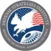 Logo of the Defense Strategies Institute, featuring an eagle with an American flag wing flying above a globe, surrounded by a gray ring with the institute’s name and motto.