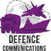 A purple graphic of a military truck, jet, and ship with a globe in the background. The words "Defence Communications" are written below the images in bold black text.