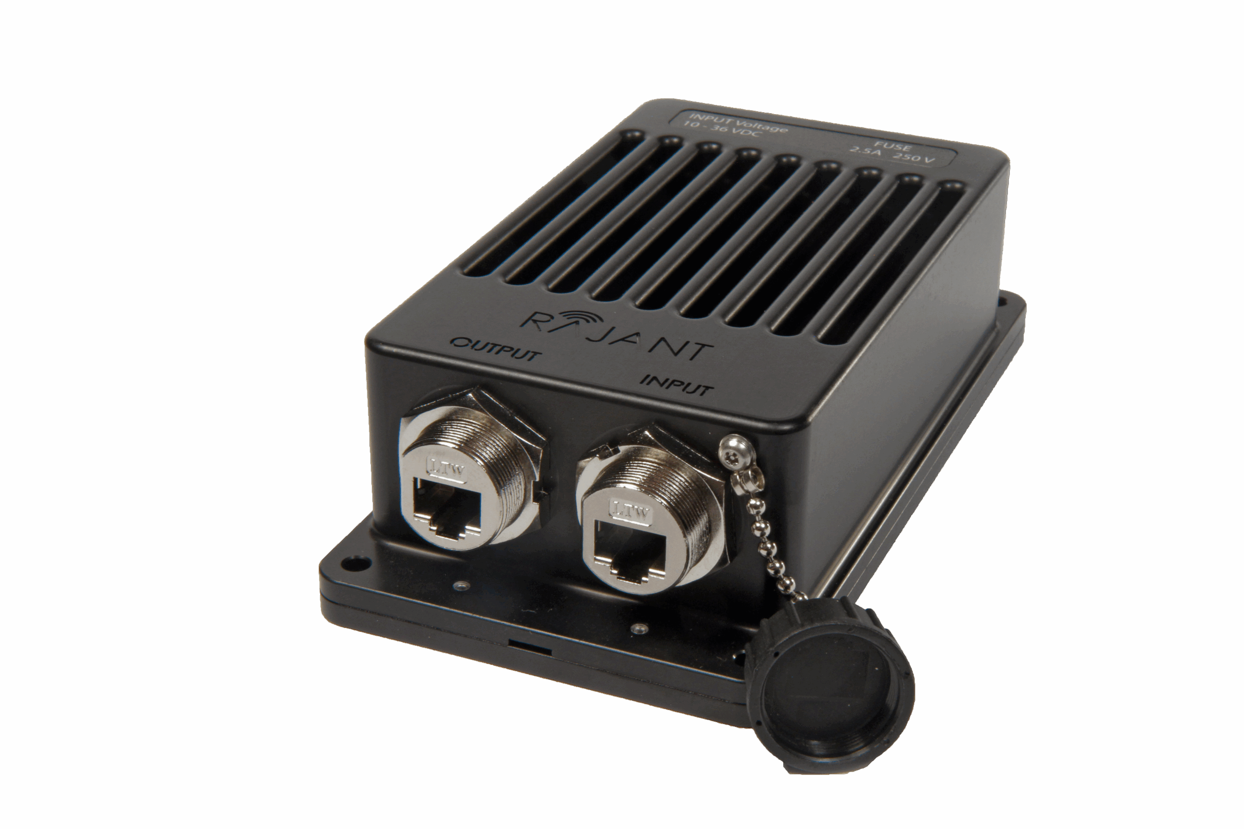 A black electronic device with vented top, labeled "Rovent," featuring two large, metal Ethernet ports labeled "Output" and "Input"; one port has a protective cap attached by a chain.
