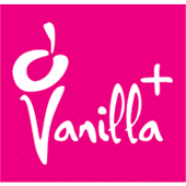 A bright pink square logo with the word "Vanilla" in playful white script and a plus sign after it. A stylized white design resembling an apostrophe or swirl appears above the "V.