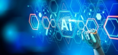 A robotic hand touches a digital interface with glowing hexagons, highlighting the letters "AI" in the center, symbolizing artificial intelligence technology and innovation.
