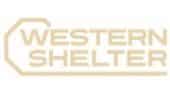 Logo with the words "Western Shelter" in bold, tan-colored capital letters, outlined with a partial octagonal border on the left side.