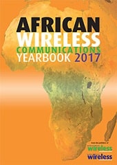 Cover of the African Wireless Communications Yearbook 2017, featuring a map of Africa in earthy tones on an orange background with bold black, white, green, and purple title text.