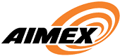Logo with the word "AIMEX" in bold black letters, partially overlaid on an orange, circular, spiral design on a white background.