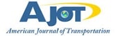 Logo for the American Journal of Transportation featuring the initials "AJOT" in blue, with a globe inside the "O" and a yellow swoosh above. The full name is written below in blue script font.