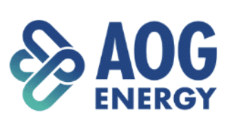 A stylized blue and teal logo appears next to the bold text “AOG ENERGY” in dark blue capital letters on a white background.
