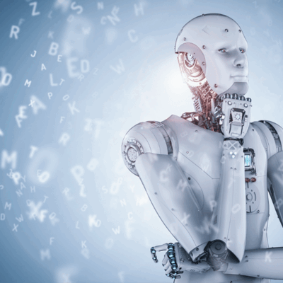 A humanoid robot with a thoughtful expression stands among floating letters, symbolizing artificial intelligence and machine learning in a digital, futuristic environment.