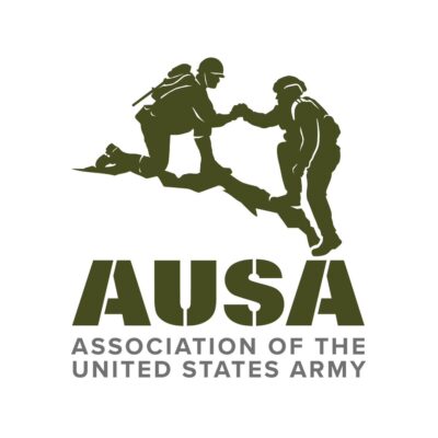 Two soldiers in silhouette, one helping the other climb, above the acronym "AUSA" and the text "Association of the United States Army" in green and gray.