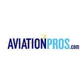 AviationPros.com logo with "Aviation" in dark blue, "Pros" in light blue, and ".com" in small blue letters. A yellow swoosh is above the text. White background.