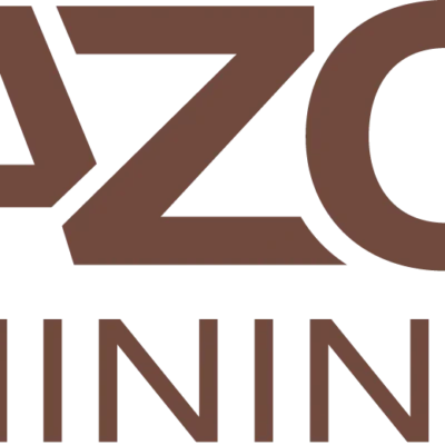 The image shows a brown logo with the text "AZO MINING" in bold, uppercase letters on a white background.