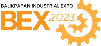 Logo for the Balikpapan Industrial Expo (BEX) 2023, featuring bold orange text "BEX 2023" with a yellow gear graphic on the right side.