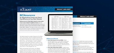 Two overlapping Rajant product data sheets are shown on a dark blue background. The front sheet features a laptop image and the heading "BC|Assurance," with visible text blocks and sections.