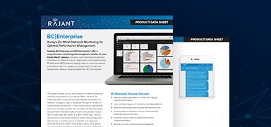 A digital flyer for Rajant's BC|Enterprise product features a laptop displaying charts and graphs, and a smartphone showing a messaging interface, highlighting network monitoring and performance management tools.