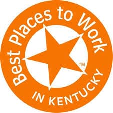 An orange circular badge with a white star in the center and the words "Best Places to Work in Kentucky" written around the star.