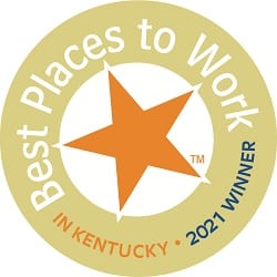 A circular badge with a large orange star in the center, reading "Best Places to Work in Kentucky 2021 Winner" around the edges.