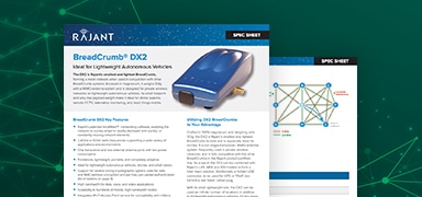 Spec sheet for Rajant BreadCrumb DX2, showing an image of the device and a diagram, with key features and information about its use for lightweight autonomous vehicles. Background has a green digital network pattern.