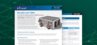 Spec sheet for Rajant BreadCrumb KM3 device, showing a metallic electronic unit with technical details on the page, set against a green background with network-like lines.