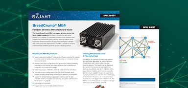 Two spec sheets for Rajant BreadCrumb ME4 wireless mesh network node are shown overlapping. The front page features a product image, title, and text; the back page shows a colorful network diagram.