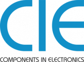 Logo with large blue letters "CIE" and the words "Components in Electronics" in smaller black text below. The background is white.