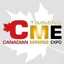 Logo for the Timmins Canadian Mining Expo, featuring large letters "CME" in red, gold, and black, with a maple leaf background and the words "Canadian Mining Expo" and "Timmins.