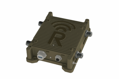 A rugged, olive-green electronic device with a ribbed surface, labeled ports for USB and Ethernet, and an embossed "R" with wireless signal lines on top. Four connectors extend from the sides.
