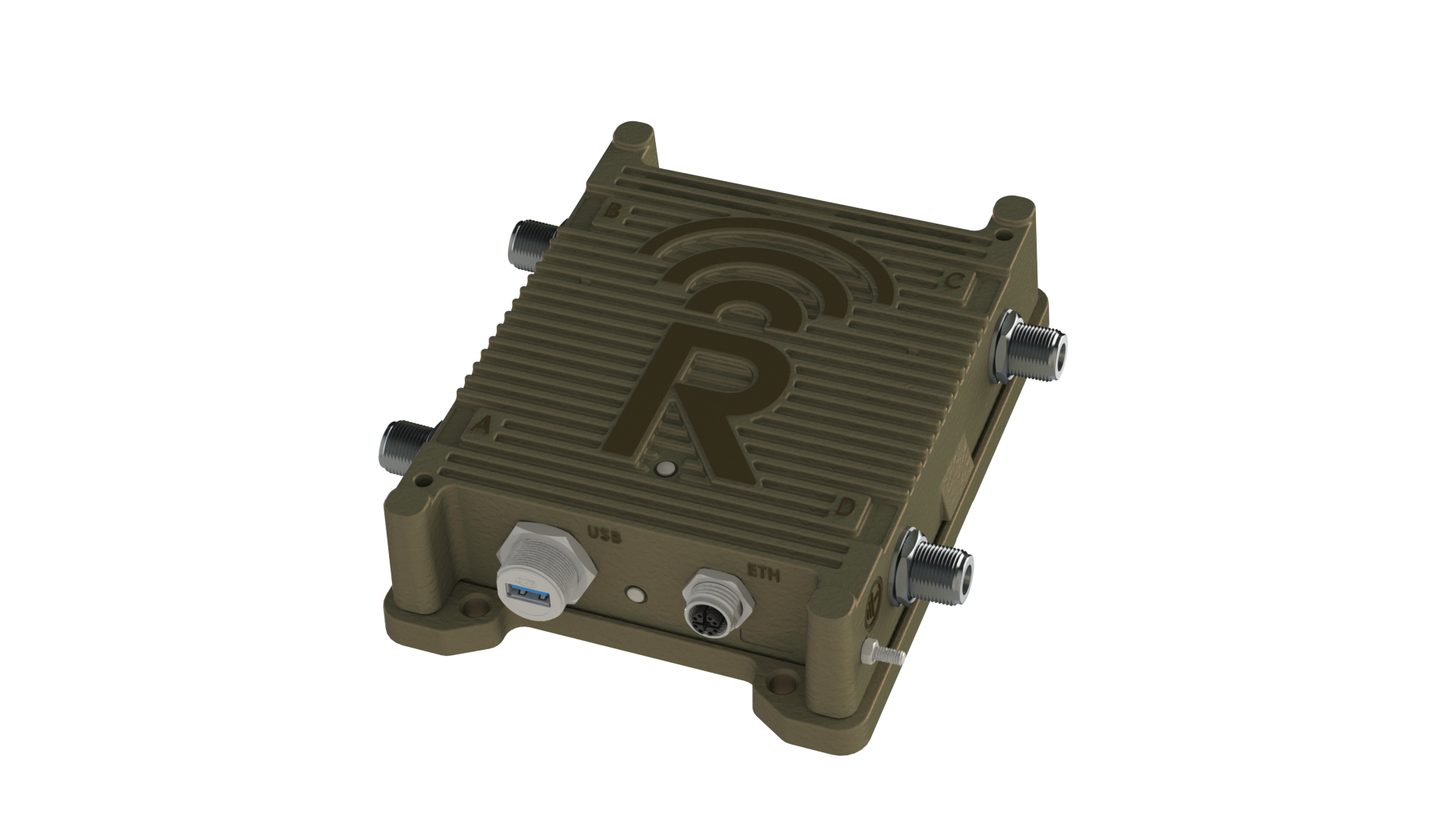 A rugged, olive-green electronic device with a ribbed surface, labeled ports for USB and Ethernet, and an embossed "R" with wireless signal lines on top. Four connectors extend from the sides.