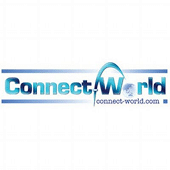 Logo for Connect-World featuring the text "Connect-World" in blue gradient letters, with "connect-world.com" written underneath. A curved line arches over the "W" in "World.