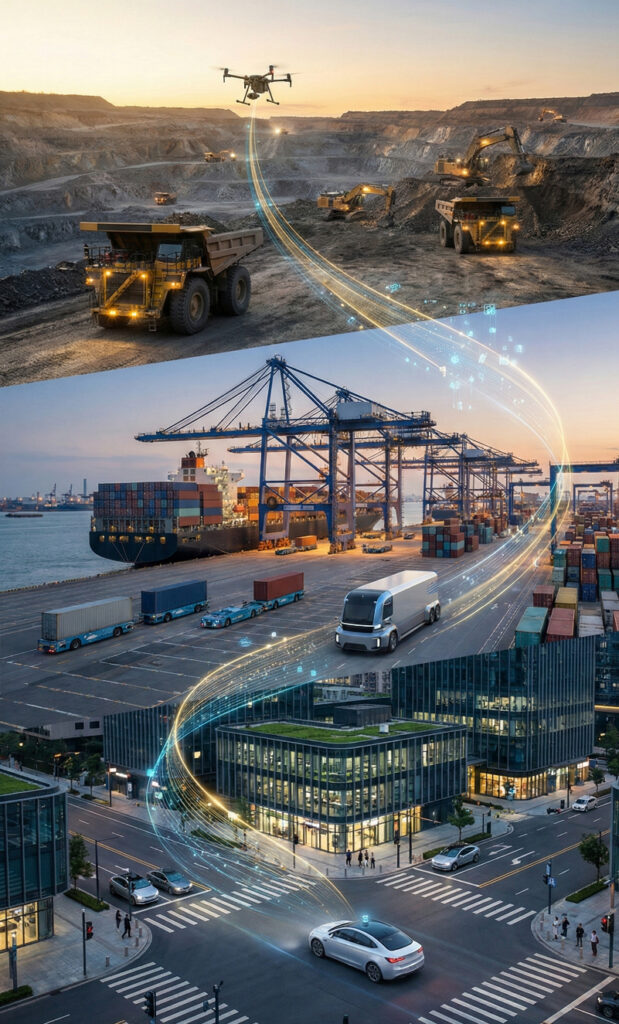 A composite image showing a mining site with trucks and a drone, a shipping port with cranes and containers, and a city street with vehicles, all connected by a glowing digital pathway.