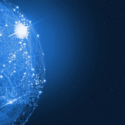 A digital illustration of Earth seen from space, with glowing network lines and connection points spanning across the visible continents, representing global communication and technology. The background is dark blue with scattered stars.